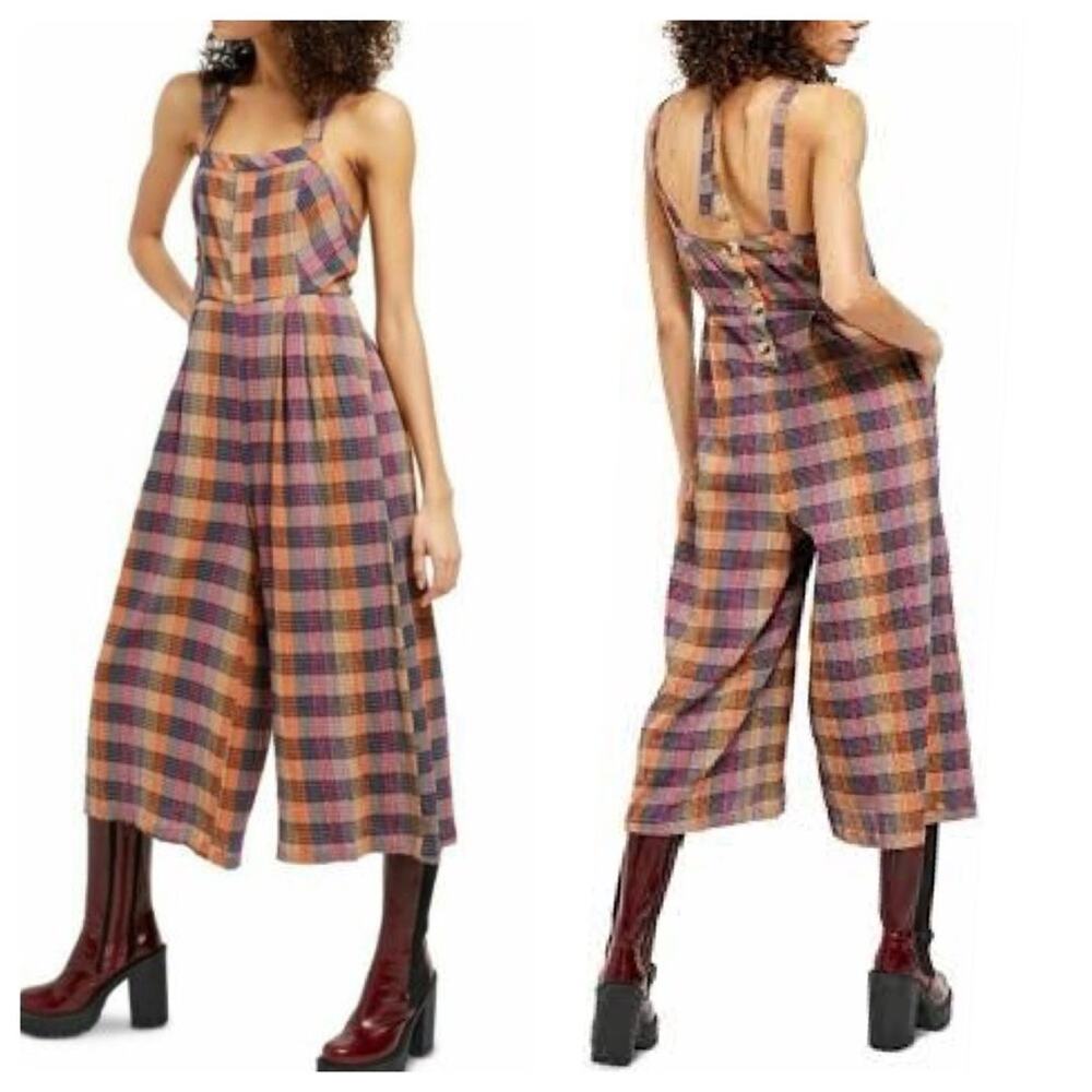 NEW Free People Zulu Seersucker Crop Wide Leg Jumpsuit in Indigo Plum, Sample